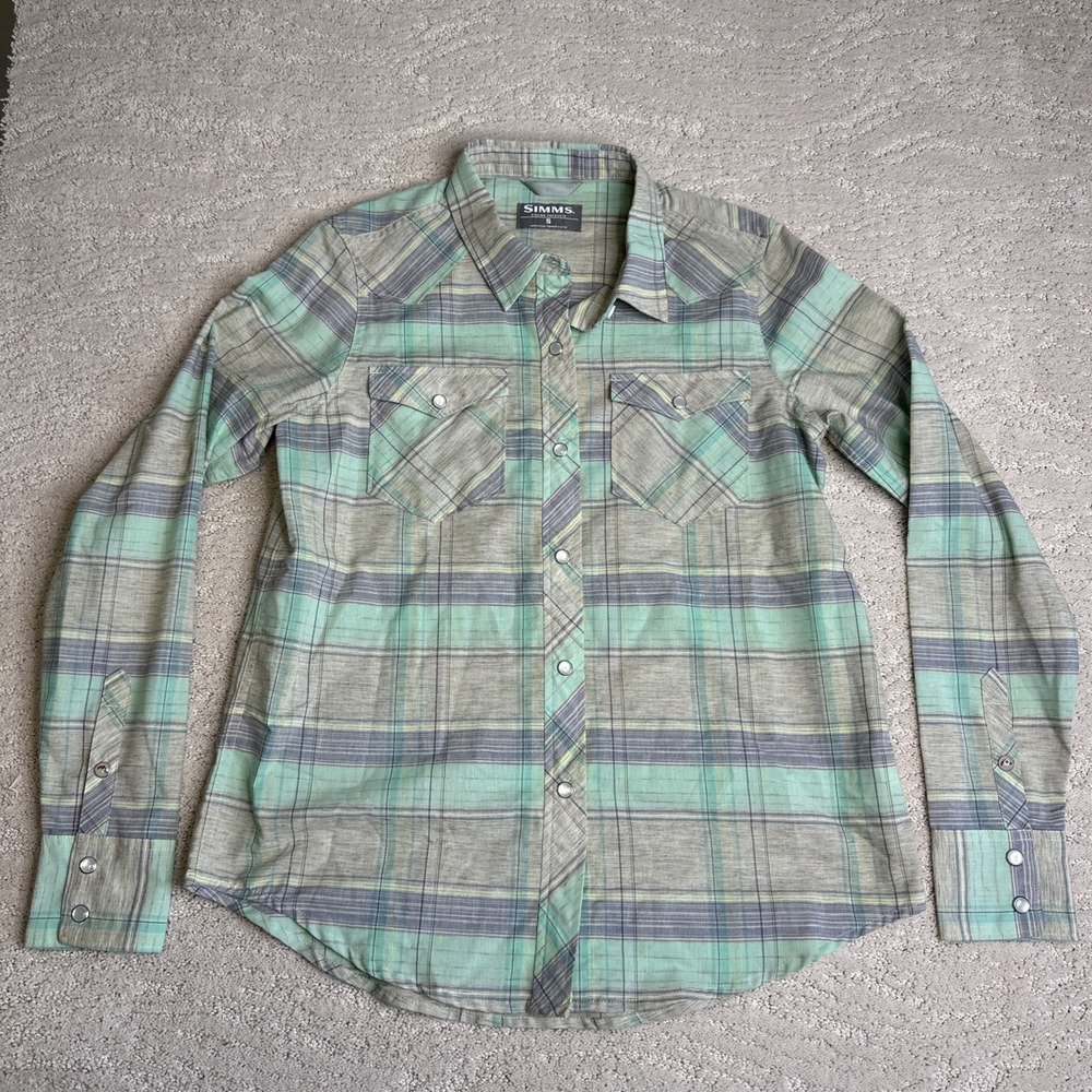 Men's Simms Fishing Small Long Sleeve Plaid‎ Pearl Snap Shirt